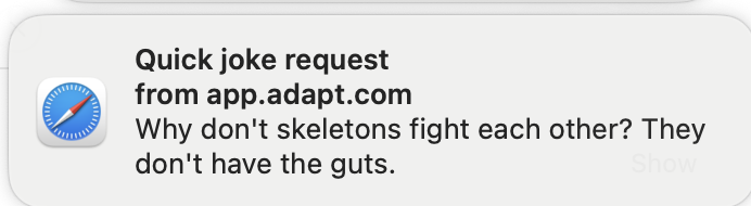 A macOS notification from app.adapt.com titled "Quick joke request", showing the first line of Adapt's reply