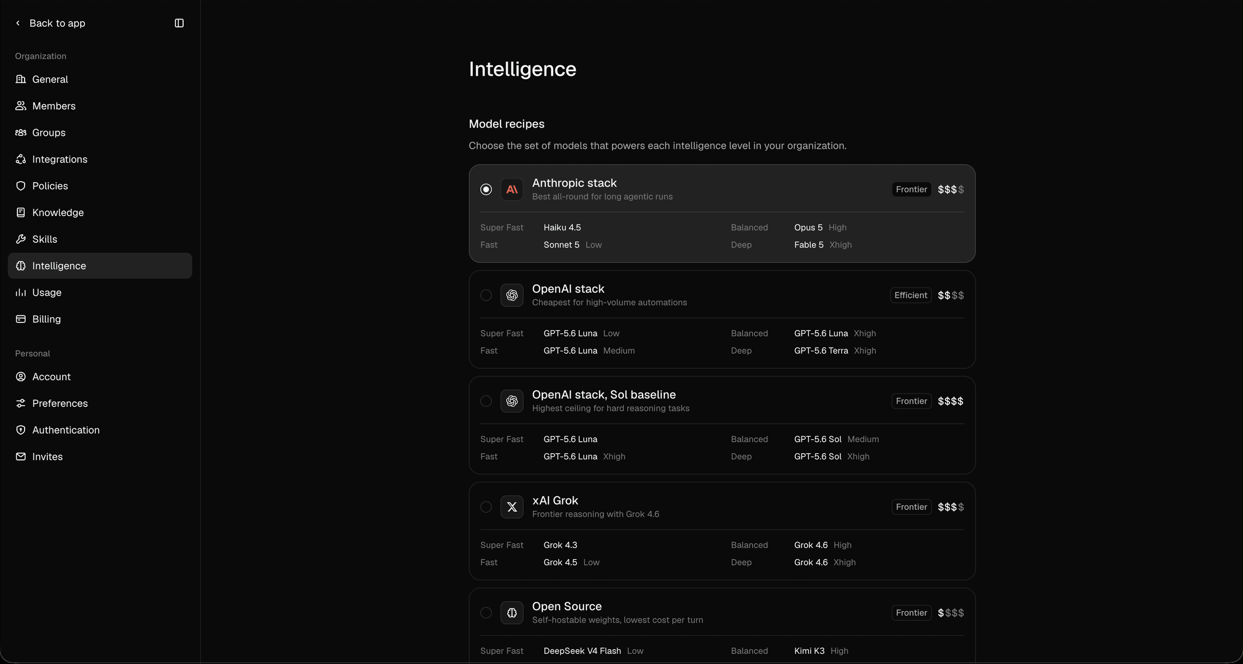 The Intelligence settings page in Adapt, showing model recipe cards for the Anthropic stack, OpenAI stack, OpenAI stack Sol baseline, xAI Grok, and Open Source